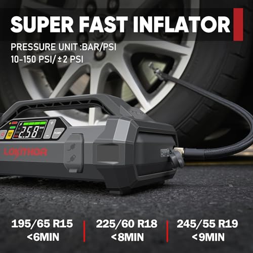 LOKITHOR JA302 Jump Starter with Air Compressor, 2500Amp 12V Portable Car Battery Booster pack for Upto 8.5L Gas or 6.5L Diesel, 150 PSI Tire Inflator with Digital Screen, 36 Months Ultra-Long Standby