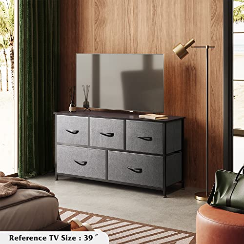 WLIVE Dresser for Bedroom with 5 Drawers, Wide Chest of Drawers, Fabric Dresser, Storage Organizer Unit with Fabric Bins for Closet, Living Room, Hallway, Nursery, Dark Grey