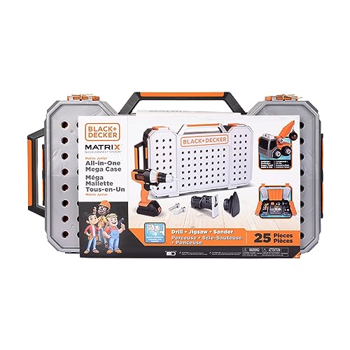 Black+Decker Kids Tools All-in-One Mega Case with Matrix Drill, Jigsaw and Sander 25 Pieces Play Tools for Kids