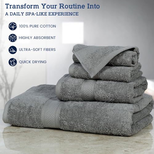 CASALINO Plush Collection Towel Set, Premium Quality 100% Pure Cotton, Highly Absorbent, Super Soft, Soft and Plush, (4 PCS Hand Towel Set, Silver)