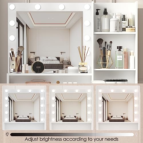 Palimder Vanity Desk with Mirror & Light, Large Drawer & Three Level Storage Dresser, 3 Lighting Modes Adjustable Brightness, Bedroom Dressing Table (White)