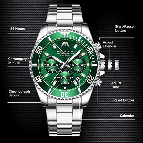 MEGALITH Mens Watches with Stainless Steel Waterproof Analog Quartz Fashion Business Chronograph Green Watch for Men, Auto Date
