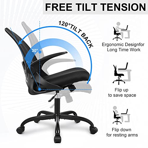 Primy Office Ergonomic Desk Chair with Adjustable Lumbar Support and Height, Swivel Breathable Mesh Computer Chair with Flip up Armrests for Conference Room (Black)