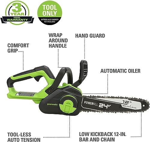 Greenworks 24V 12" Brushless Cordless Compact Chainsaw (Great For Storm Clean-Up, Pruning, and Firewood / 125+ Compatible Tools), Tool Only