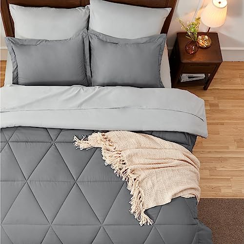 BEDELITE Queen Comforter Set 7 Pieces Bed in A Bag - Soft Microfiber Reversible Grey Bed Set with Comforters, Sheets, Pillowcases & Shams, Cozy Luxury Bedding Sets for All Season