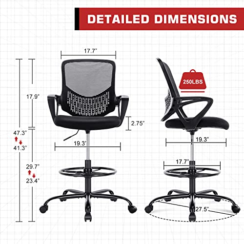 HOMEFLA Mid-Back Mesh Drafting Chair - Tall Office Chair with Armrest Standing Desk Chair Counter Height with Adjustable Foot Ring (Black)