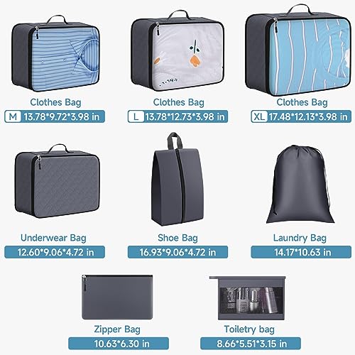 ExploreBliss Packing Cubes for Suitcases 8 Set, Durable Packing Cubes for Travel, Foldable Suitcase Organizer Bags Set for Travel Accessories, Travel Bags Organizer for Luggage(Grey)