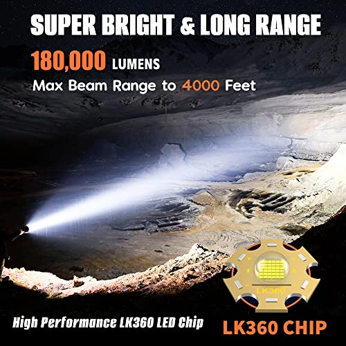 Dsstoc Rechargeable LED Flashlights High Lumens, 180,000 Lumens Super Bright Tactical Powerful Waterproof Flashlights with Battery, 5 Mode, Zoomable, Handheld Flashlights for Emergencies Camping