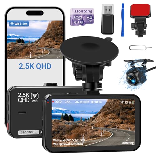 Dash Cam Front and Rear, Dash Camera for Cars WiFi/APP Control Dual Dashcam W/ 64GB Card, 2.5K Dash Cam Front+1080P Rear Car Camera W/Super Night Vision, Loop Recording, G-Sensor, Max Support 256GB