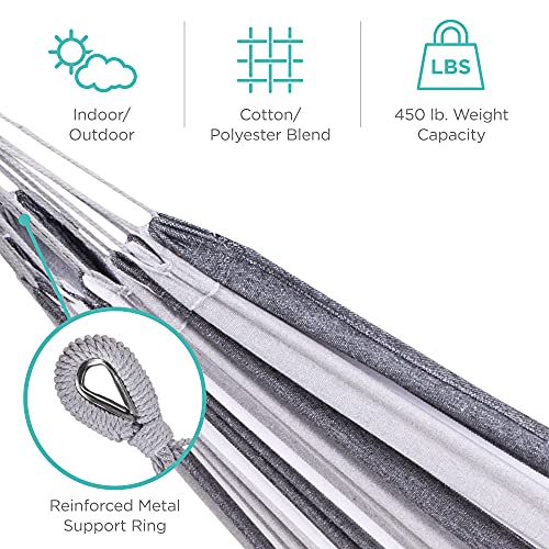 Best Choice Products 2-Person Double Hammock with Stand Set, Indoor Outdoor Brazilian-Style Cotton Bed for Backyard, Camping, Patio w/Carrying Bag, Steel Stand, 450lb Weight Capacity - Steel