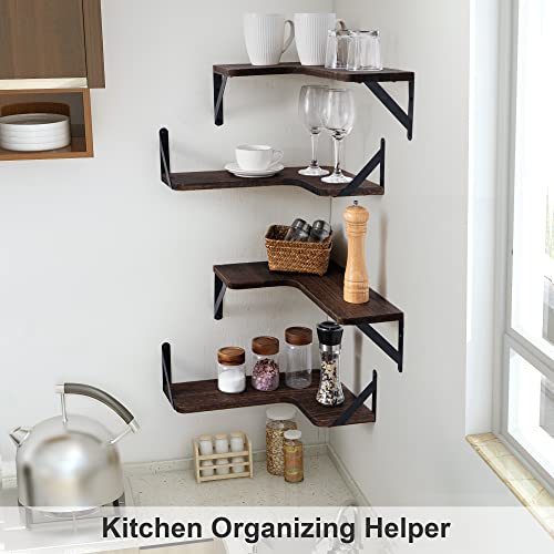 Marsmiles Corner Floating Shelves, Corner Wall Shelves Set of 4, Wall Mounted Corner Storage Display Shelving for Bathroom, Bedroom, Living Room, Kitchen, 16" W x 11-2/5" D, L-Shaped, Rustic Brown