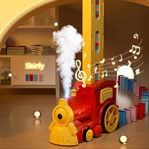 Skirfy Dominoes Train Set- 160PCS Domino Blocks Set Automatically Run with Real Steam Function,Toys with Lights and Sound,Creative Toys for Kids Aged 4-8 with Storage Bag, Gifts for Kids