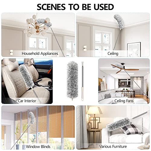 Clonynix Microfiber Feather Duster with Telescopic 30"-100" Long Stainless Steel Pole & Bendable Head, Washable Duster for Cleaning Interior Roof,High Ceiling Fan, Blinds, Furniture & Cars