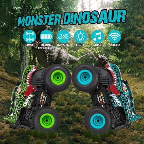 DYODYORC RC Monster Truck, 2.4Ghz High Speed Remote Control Car, All Terrain RC Truck with Light&Music&360°Stunt, RC Dinosaur Car with 2 Rechargeable Batteries, Toy Gifts for Boys and Girls (Cyan)