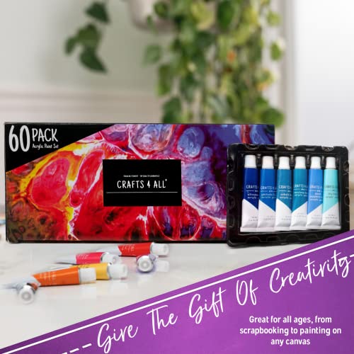 Acrylic Paint Set for Adults and Kids - 60 Pack of 12mL Paints with 3 Art Brushes, Non-Toxic Craft Paint, Halloween Pumpkin Painting Kit - Canvas, Ceramic, Rock Paint - Art Supplies