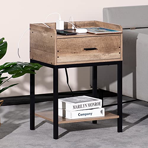Lerliuo Nightstand with Charging Station and USB Ports, 3-Tier End Side Table with Storage Drawer and Shelf, Modern Bedside Night Stand for Bedroom, Living Room- Greige and Black