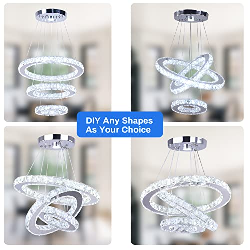 Modern LED Crystal Chandeliers 3 Ring Round Pendant Lighting Fixtures DIY Stainless Steel Ceiling Lamp Hanging Lights for Living Room Dining Room Bedroom Kitchen (Changeable Light)