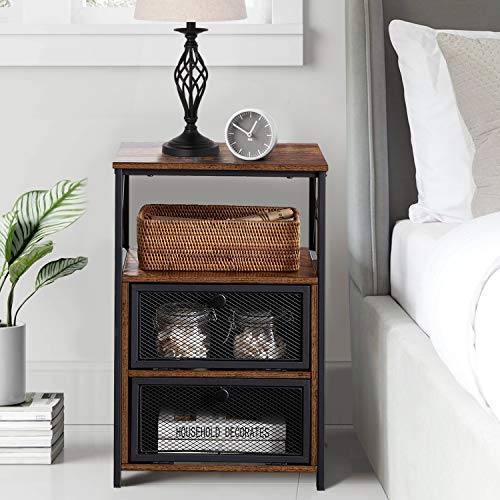 VECELO Nightstand Set of 2, End Table with Flip Drawer, Modern Night Stand for Bedroom, Living Room, Office, Easy Assembly, Retro Brown