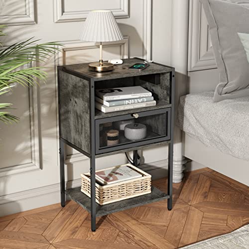 SOOWERY Nightstand with Charging Station, Bedside Tables with 3 Tiers Storage Space and Door, End Tables with USB Ports and Outlets for Bedroom, Living Room, Dark Grey
