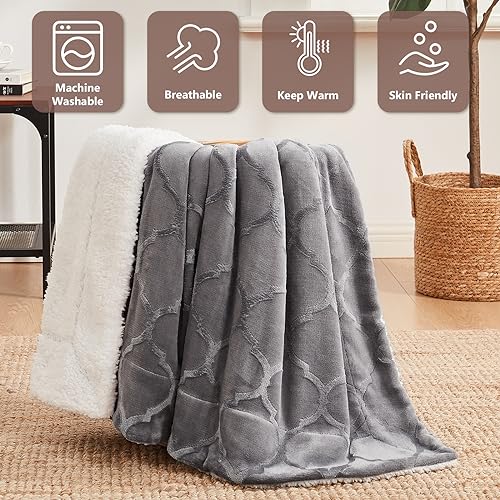 L'AGRATY Sherpa Throw Blanket - Plush Blanket for Bed - 50"x60" Soft Fleece Blanket - Comfy Fluffy Blanket for Chair and Couch - Warm Fuzzy Blanket for Gift(Light Grey)