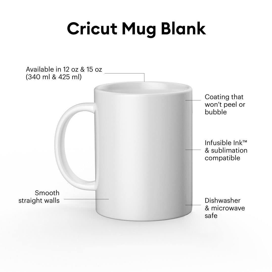 Cricut Beveled Blank, Ceramic-Coated, Dishwasher & Microwave Safe Mug to Decorate, Mug Press & Infusible Ink Compatible,12 Oz Sublimation, Ideal for Crafts and Printing, 6 Count, White