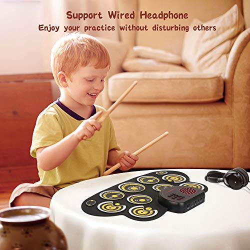Electronic Drum Set Kids Foldable Practice Drum Pad Rechargeable Drum Kit, Built in Speakers Foot Pedals,Drum Sticks, Birthday Gift for Beginners (Yellow)