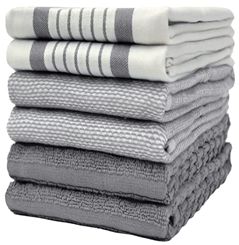 Premium Kitchen Towels 20”x 28”- 6 Pack| Large Cotton Kitchen Towels | Hand Towels for Kitchen | Flat & Terry Towel | Dish Towels | Highly Absorbent Tea Towels Set with Hanging Loop | Grey Striped