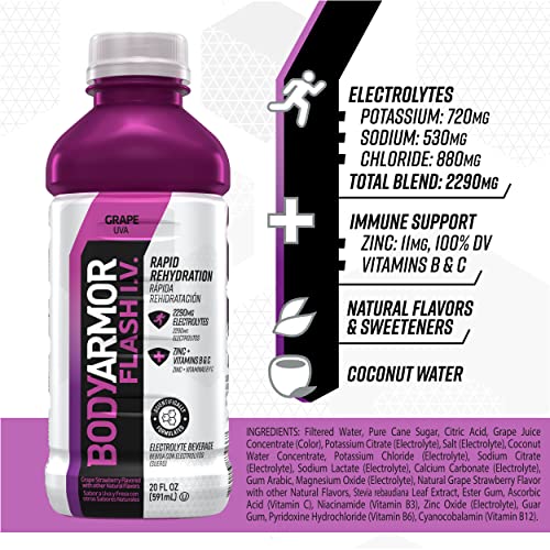 BODYARMOR Flash I.V. Rapid Rehydration Electrolyte Beverage, Grape, 20 Fl Oz (Pack of 12)