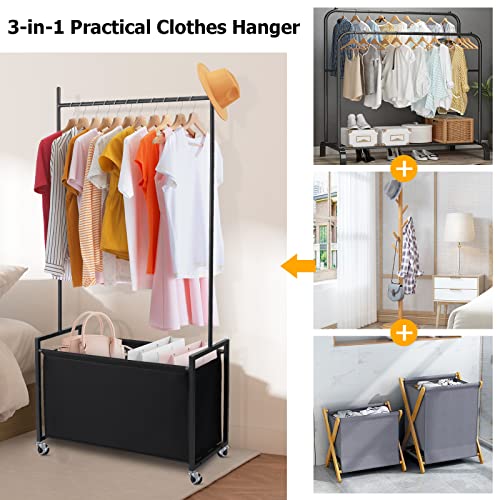Dunatou Clothing Rack, Clothes Rack with 110 L (29 Gallons) Basket, Standard Clothing Rod 2-in-1 Freestanding Garment Rack, Rolling Clothes Organizer with Wheels 32.28 × 15.74 × 68.5 in, Black