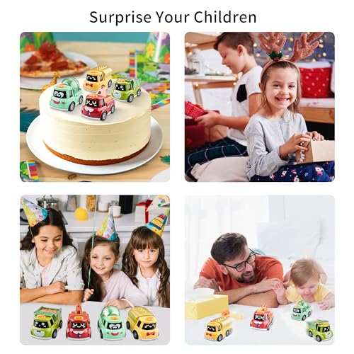 KIDAMI 4 PCS Die-Cast Metal Toy Cars & Trucks, Toddler Cartoon Pull Back Cars for Kids Birthday Gift Toys, Toddler Toys for 1 2 3 4 Years Old Boys Girls