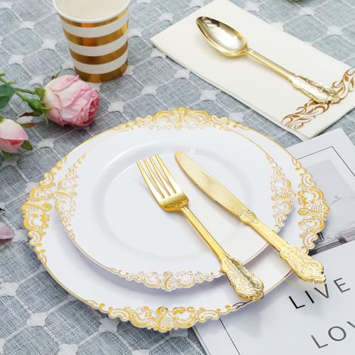 KINEATHER 175PCS gold and white Disposable Plastic Plates Set for 25 Guests, 25 Dinner Plates, 25Dessert Plates, 25 Forks, 25 Knives, 25 Spoons, 25 Napkins, 25 Paper Cups, for Wedding & Party