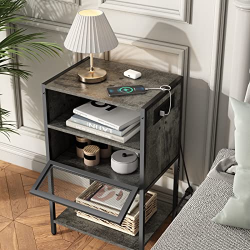 SOOWERY Nightstand with Charging Station, Bedside Tables with 3 Tiers Storage Space and Door, End Tables with USB Ports and Outlets for Bedroom, Living Room, Dark Grey