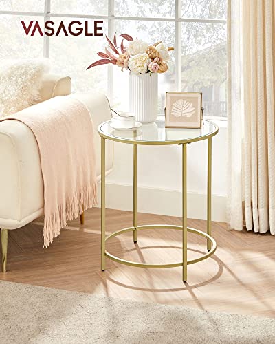 VASAGLE Round Side Tables, Set of 2, Glass End Tables with Metal Frame, Gold Coffee Tables with Modern Style, for Living Room, Balcony, Bedroom, Gold Color