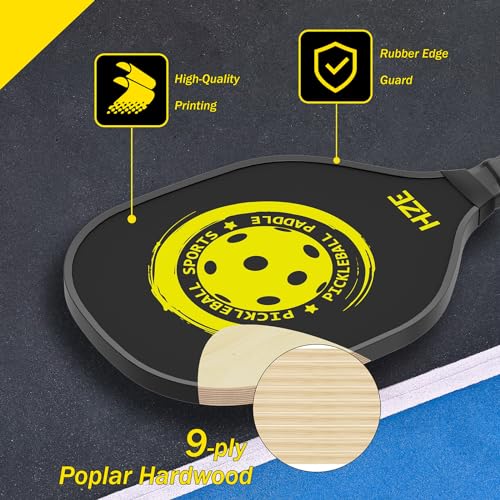 HZE Pickleball Paddles Set of 4, Pickleball Set with Ergonomic Cushion Grip, Wooden Pickleball Paddles Set with 8 Pickleball Balls & 1 Carry Bag for Women Men Beginners & Intermediate Players