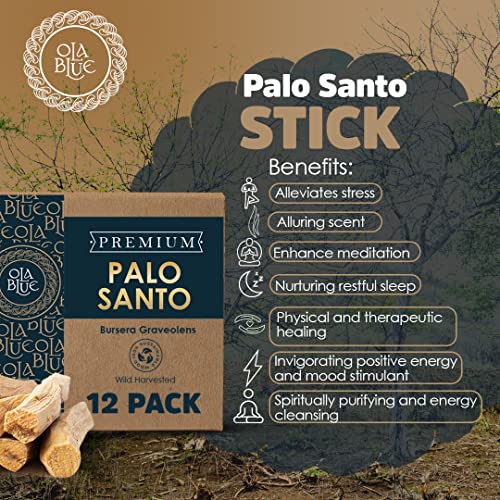 Ola Blue Palo Santo Sticks Premium Resin (12-Pack) Peruvian Authentic - substantially harvested Hand Picked Incense Sticks Energy Cleansing Smudging Sticks – Natural (Holy Wood)