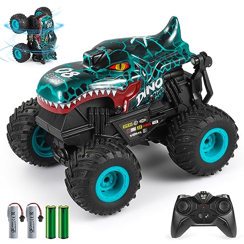 DYODYORC RC Monster Truck, 2.4Ghz High Speed Remote Control Car, All Terrain RC Truck with Light&Music&360°Stunt, RC Dinosaur Car with 2 Rechargeable Batteries, Toy Gifts for Boys and Girls (Cyan)