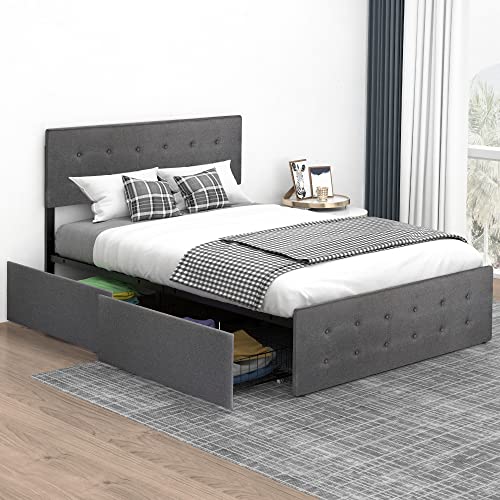 IDEALHOUSE Queen Bed Frame with 4 Storage Drawers and Headboard, Adjustable Upholstered Headboard Beds Mattress Foundation with Wood Slat Support, No Box Spring Needed