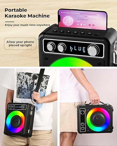 BONAOK Karaoke Machine, Portable Bluetooth Speaker with Two Wireless Microphones, PA System with LED Light for Home Party Indoor/Outdoor, Karaoke Machine for Adults/Kids Supports TWS/TF/USB/FM/AUX