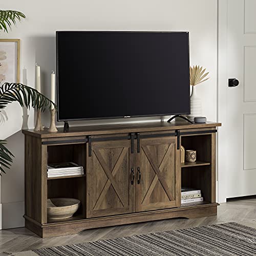 Walker Edison Richmond Modern Farmhouse Sliding Barn Door Stand for TVs up to 65 Inches, Without Fireplace, Rustic Oak