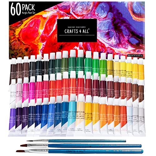 Acrylic Paint Set for Adults and Kids - 60 Pack of 12mL Paints with 3 Art Brushes, Non-Toxic Craft Paint, Halloween Pumpkin Painting Kit - Canvas, Ceramic, Rock Paint - Art Supplies