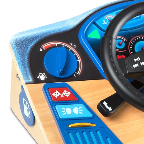 Melissa & Doug Vroom & Zoom Interactive Wooden Dashboard Steering Wheel Pretend Play Driving Toy - Kids Activity Board, Toddler Sensory Toys For Ages 3+