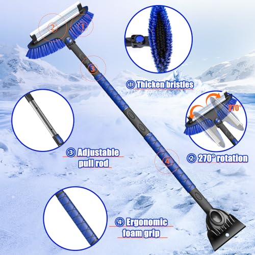 TESSONO 55.7" Ice Scraper, Extendable Snow Brush and Snow Broom with Ergonomic Foam Grip for Car Windshield, 3-in-1 Car Snow Scraper with 270° Pivoting Brush Head for Car Windshield, Trucks, SUVs