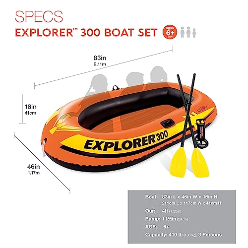 INTEX 58332EP Explorer 300 Inflatable Boat Set: Includes Deluxe Aluminum Oars and Mini Hand Pump – 3-Person – Dual Air Chambers – Grab Rope – 410lb Weight Capacity