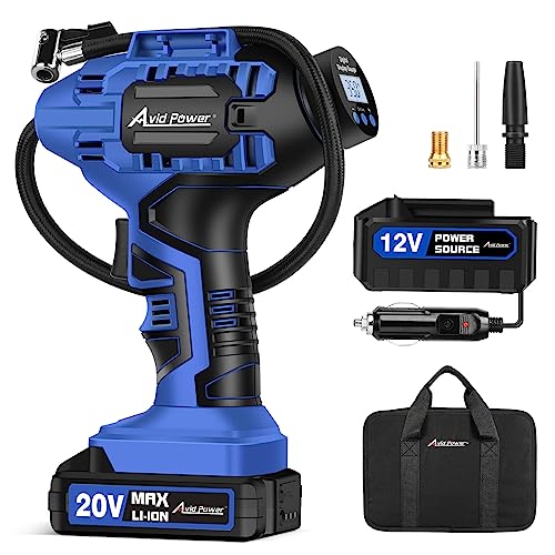 Avid Power Tire Inflator Air Compressor, 20V Cordless Car Tire Pump with Rechargeable Li-ion Battery, 12V Car Power Adapter, Digital Pressure Gauge, Portable Auto Air Pump for Many Inflatables (Blue)