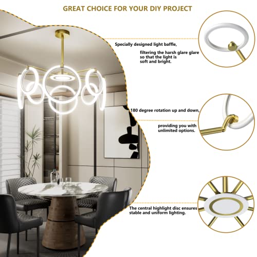OUQI Ceiling Light Fixture,Modern 8 Lights Fixtures Ceiling Mount, Matte Gold Finish,7000K Dimmable Ceiling Lights with Remote DIY Light Fixture LED Chandelier for Bedroom Living Room Kitchen
