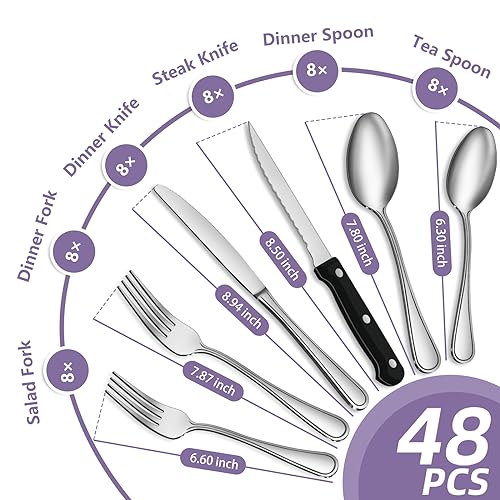 48 PCS Silverware Set Includes 8 Steak Knives Service for 8, Gifcomda Premium Stainless Steel Flatware Set, Mirror Polished Cutlery Set, Spoons and Forks Set, Dishwasher Safe and Stylish Design