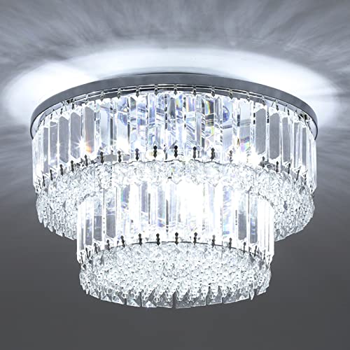 Berliget Chrome Crystal Flush Mount Chandelier, Modern Round Crystal Ceiling Light Fixture, Bling Silver Raindrop Ceiling Lamp for Closet Bedroom Living Room Dining Room, 2 Tier 6 Llight H10 x D16