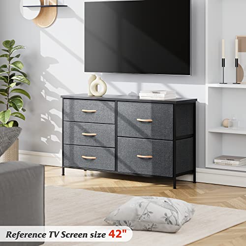 Nicehill Dresser for Bedroom with 5 Drawers, Storage Drawer Organizer, Wide Chest of Drawers for Closet, Clothes, Kids, TV Stand with Storage Drawers, Wood Board, Fabric Drawers(Black Grey)