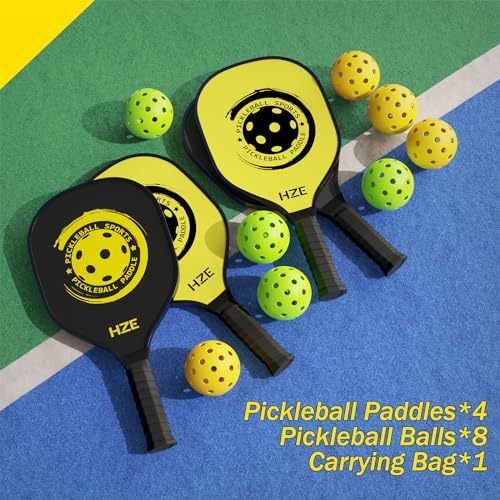 HZE Pickleball Paddles Set of 4, Pickleball Set with Ergonomic Cushion Grip, Wooden Pickleball Paddles Set with 8 Pickleball Balls & 1 Carry Bag for Women Men Beginners & Intermediate Players