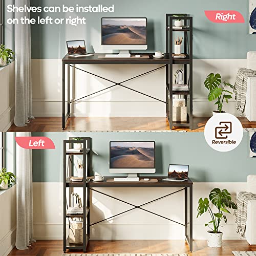 Bestier Computer Desk with Storage Shelves - 55 Inch Home Office Desks with Reversible Bookshelf - Plenty Leg Room and Easy Assemble, Brown
